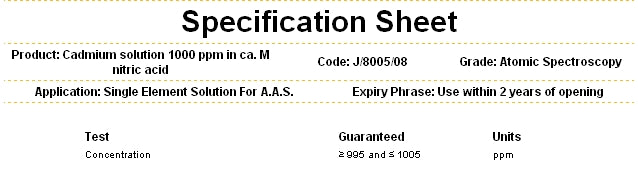Cadmium Standard Metal Solution 1000ppm, for AAS, Solution HNO3 1M