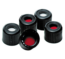 Black screw cap, 8-425, polypropylene open top, PTFE/red silicone septa, 5.5mm centre hole