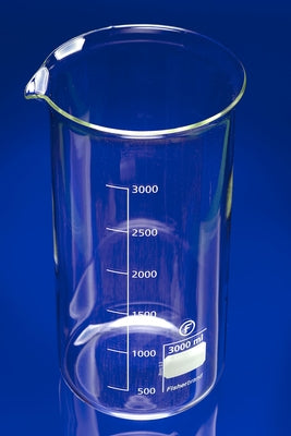 Beaker 3L tall form with graduations and spout borosilicate glass