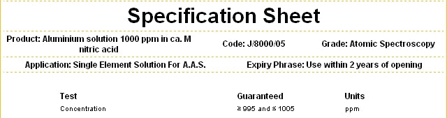 Aluminum Standard Metal Solution 1000ppm, for AAS, Solution HNO3 1M, Fisher Chemical™