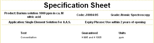 Barium Standard Metal Solution 1000ppm, for AAS, Solution HNO3 1M, Fisher Chemical™