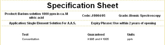 Barium Standard Metal Solution 1000ppm, for AAS, Solution HNO3 1M, Fisher Chemical™