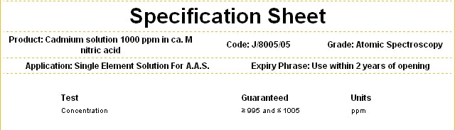 Cadmium, AAS standard solution, Specpure™ Cd 1000μg/mL, Thermo Scientific Chemicals