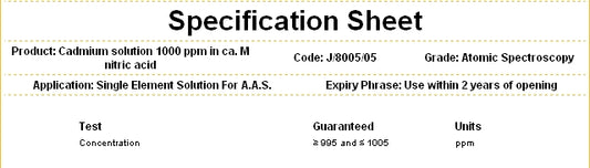 Cadmium, AAS standard solution, Specpure™ Cd 1000μg/mL, Thermo Scientific Chemicals