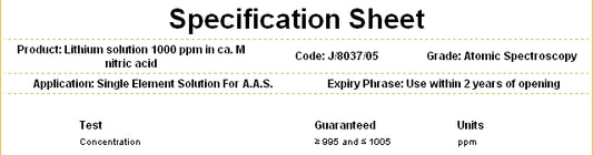 Lithium Standard Metal Solution 1000ppm, for AAS, Solution HNO3 1M, Fisher Chemical™