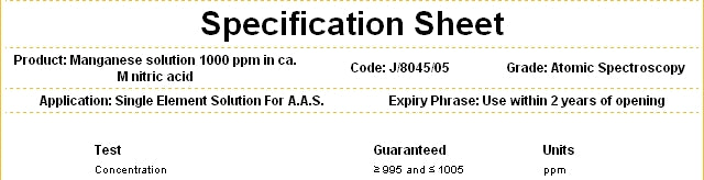 Manganese Standard Metal Solution 1000ppm, for AAS, Solution HNO3 1M, Fisher Chemical™