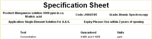 Manganese Standard Metal Solution 1000ppm, for AAS, Solution HNO3 1M, Fisher Chemical™