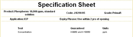 SDS Phosphorus Standard Metal Solution 10,000ppm, for ICP, Aqueous Solution, Fisher Chemical