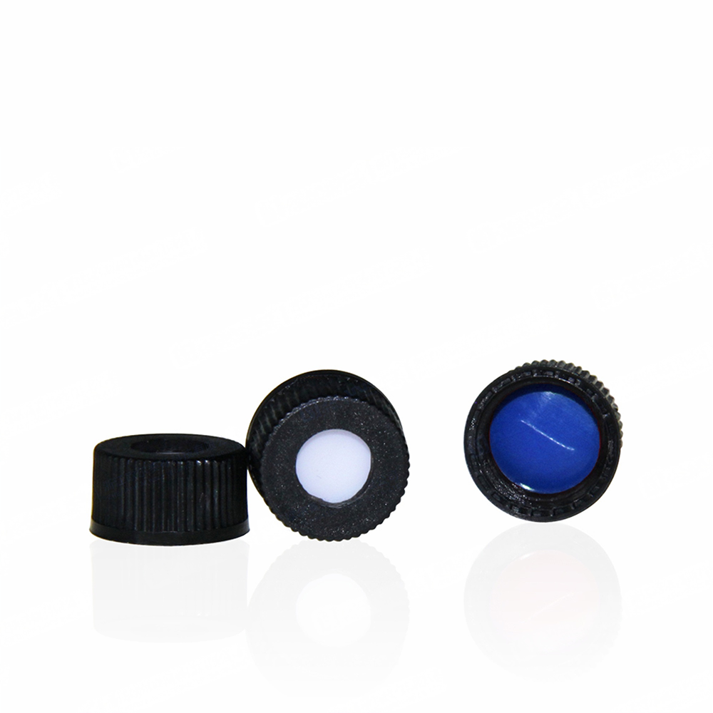 Black 9-425 Open Top Ribbed Screw Cap with 9mm Blue PTFE/White Silicone Septa 1mm Thick PRE-SLIT