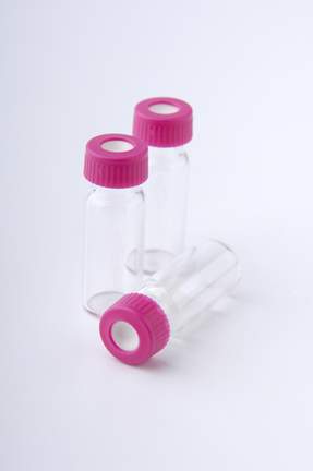 Clear 2ml vial kit, 9mm Wide-opening, Short screw thread, Pink caps, Ivory PTFE/Red rubber septa